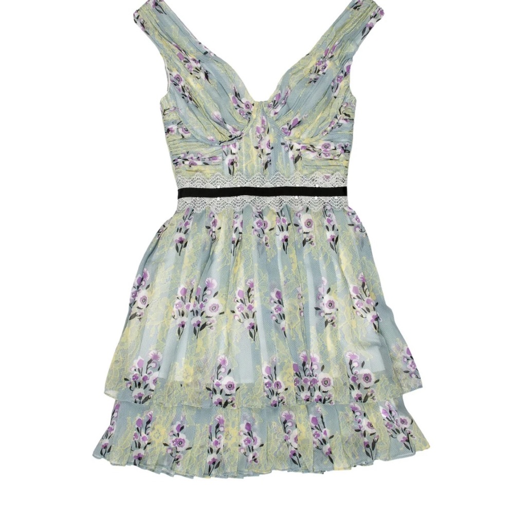 Self-Portrait Floral Mini Dress - Green and Purple